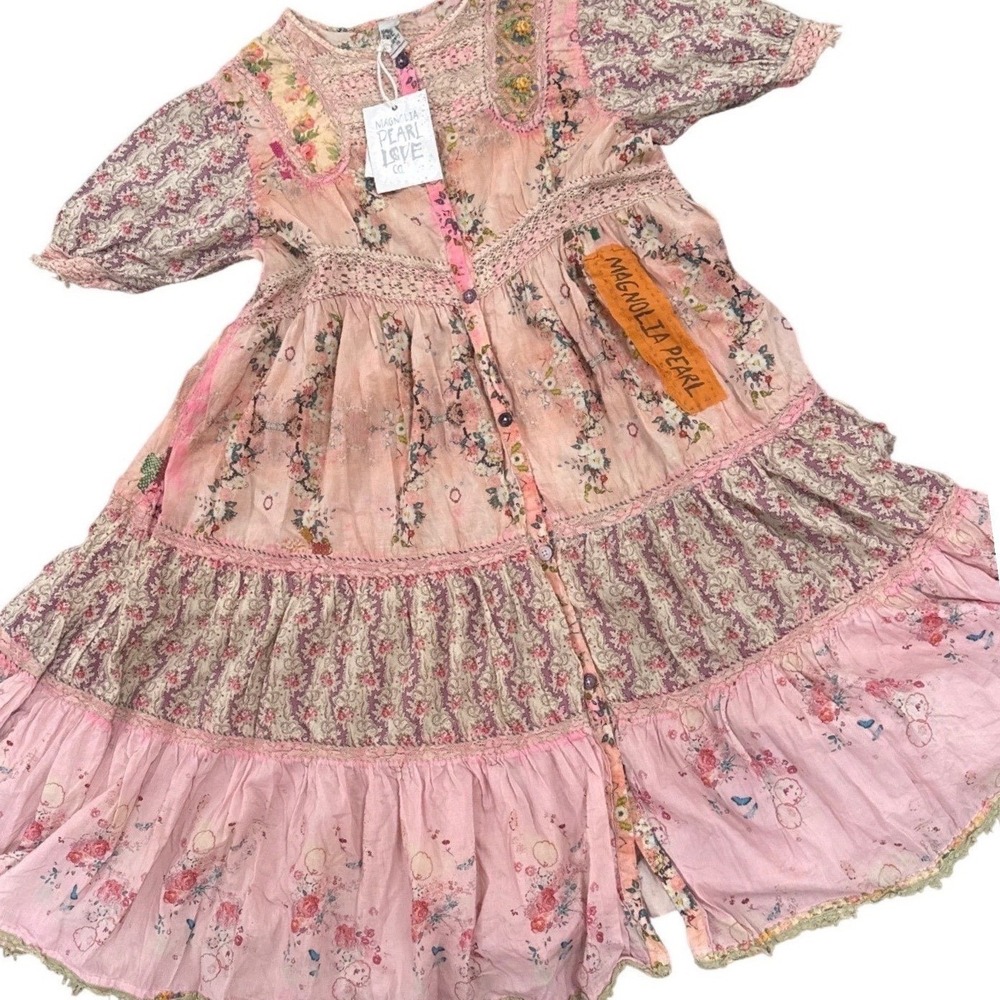 Magnolia Pearl Romantic Dress Pink Peach Lace Crochet Embroidered Short Sleeve - Picture 2 of 16